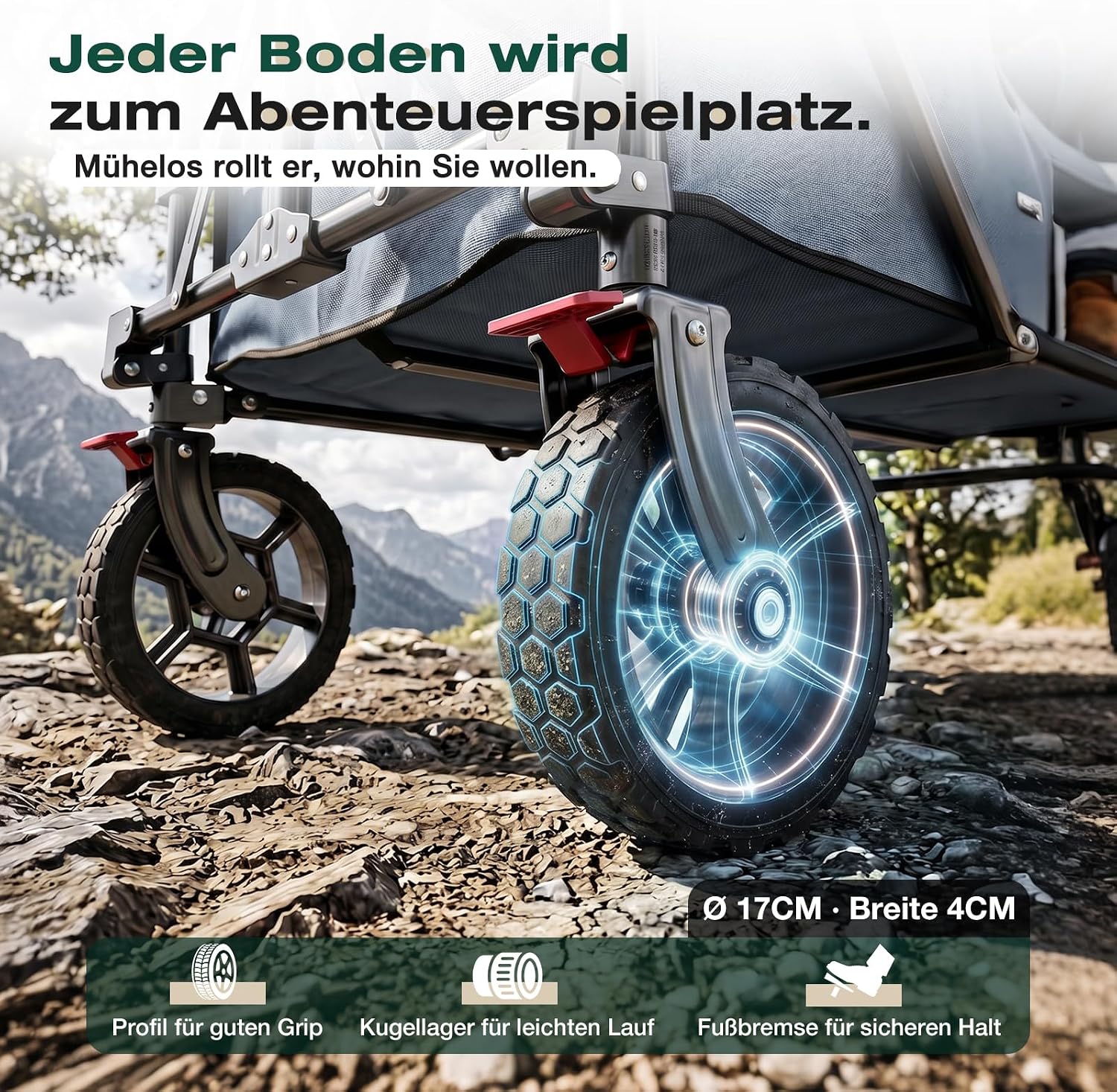 Detalle de Sekey XXL Plus Bollerwagen XXL-PlusG 4010 faltbar (200 l, 200 kg) mit Bremsen – geländetauglich, blau