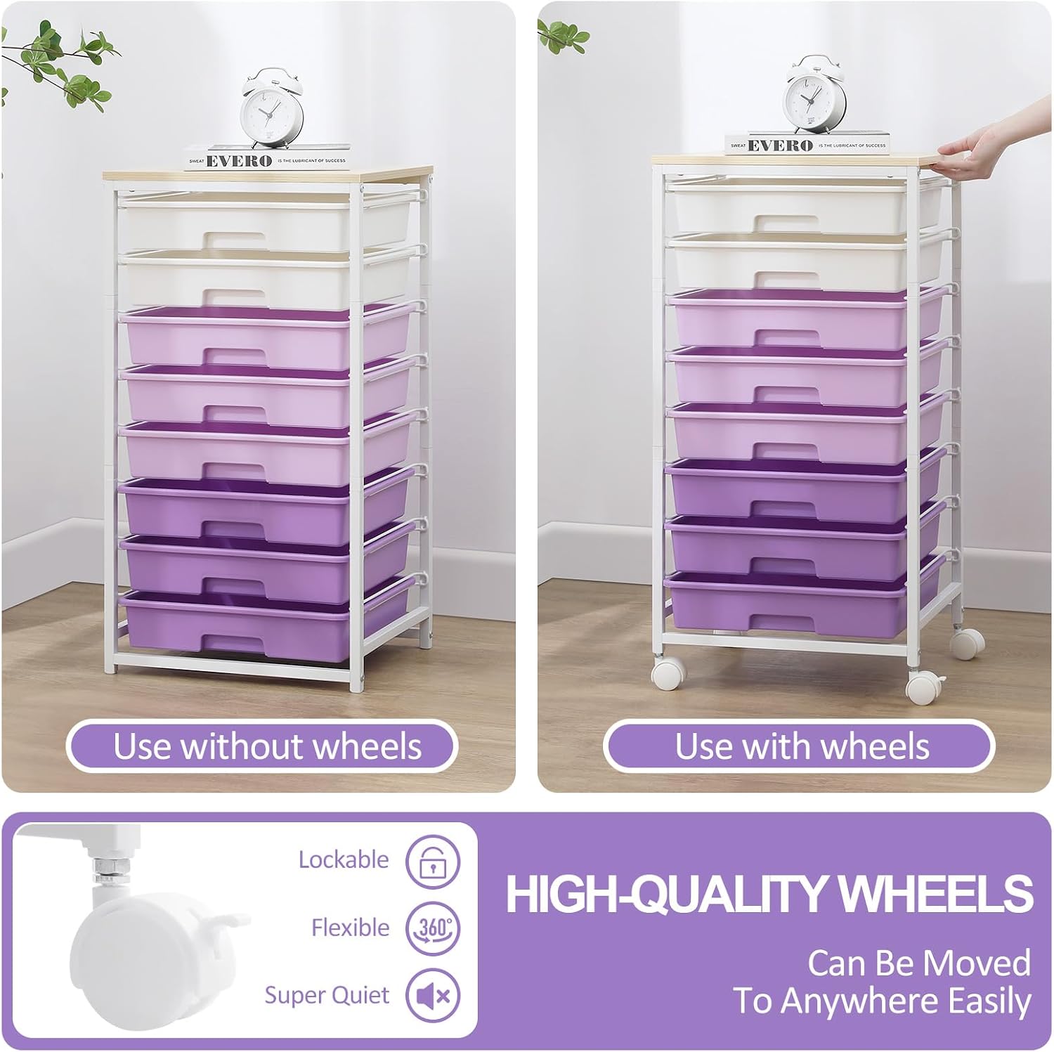 Thumbnail 5 de SYKIARIOL 1250-3 Rolling Storage Cart, Purple, 8 Drawers, Wood Top
