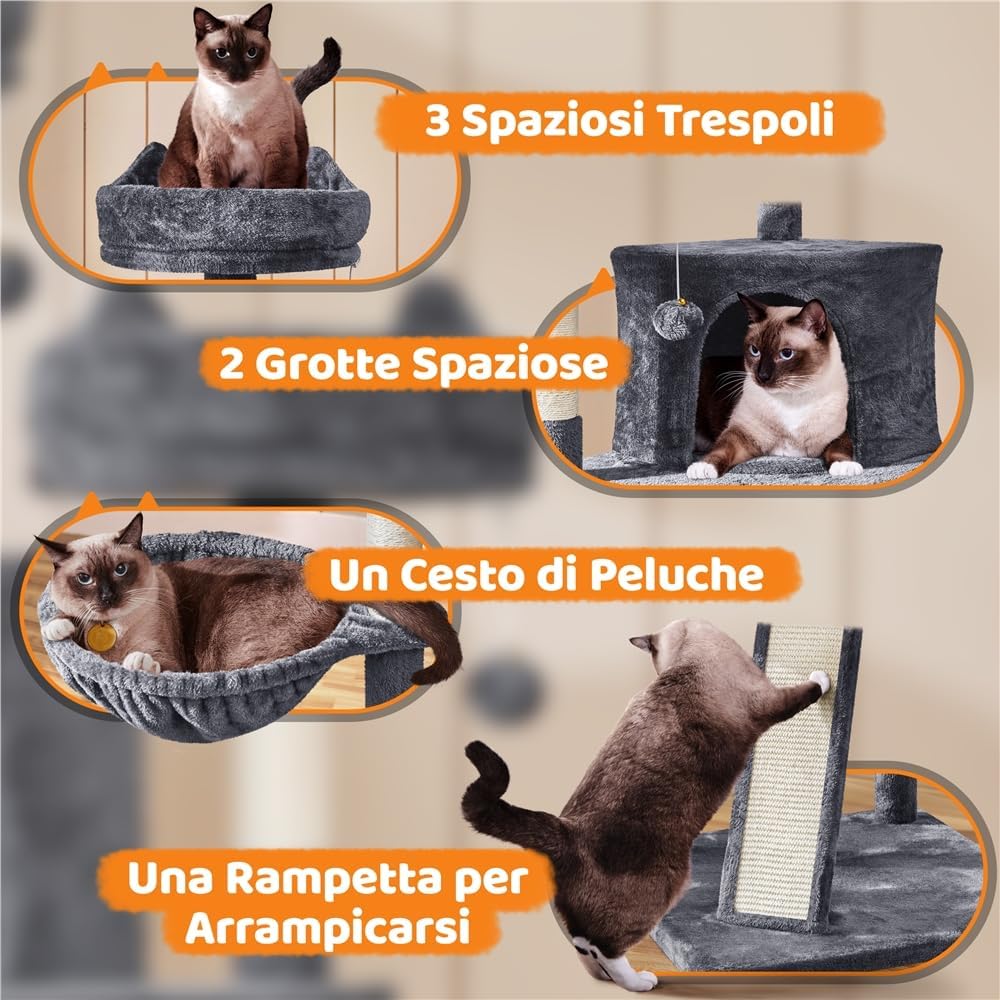 Detalle de Yaheetech Albero Tiragraffi per Gatti Adulti con Sisal Naturale, Torre 55 x 55 x 174 cm, Grigio Scuro
