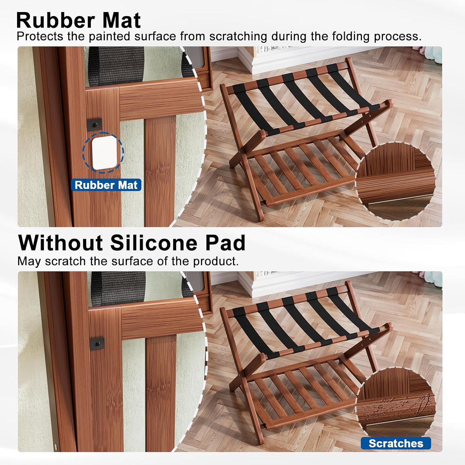 Detalle 2 de Smuxee Fully Assembled Walnut Luggage Rack with Shelf and 5 Nylon Straps (Foldable)