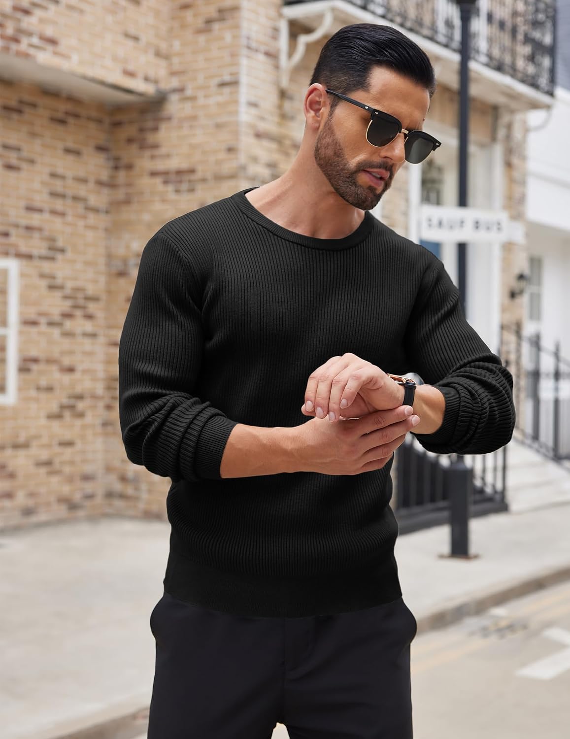 Detalle de COOFANDY Herren Rundhals Pullover Basic aus Feinstrick – Business-Strickpullover mit geripptem Kragen