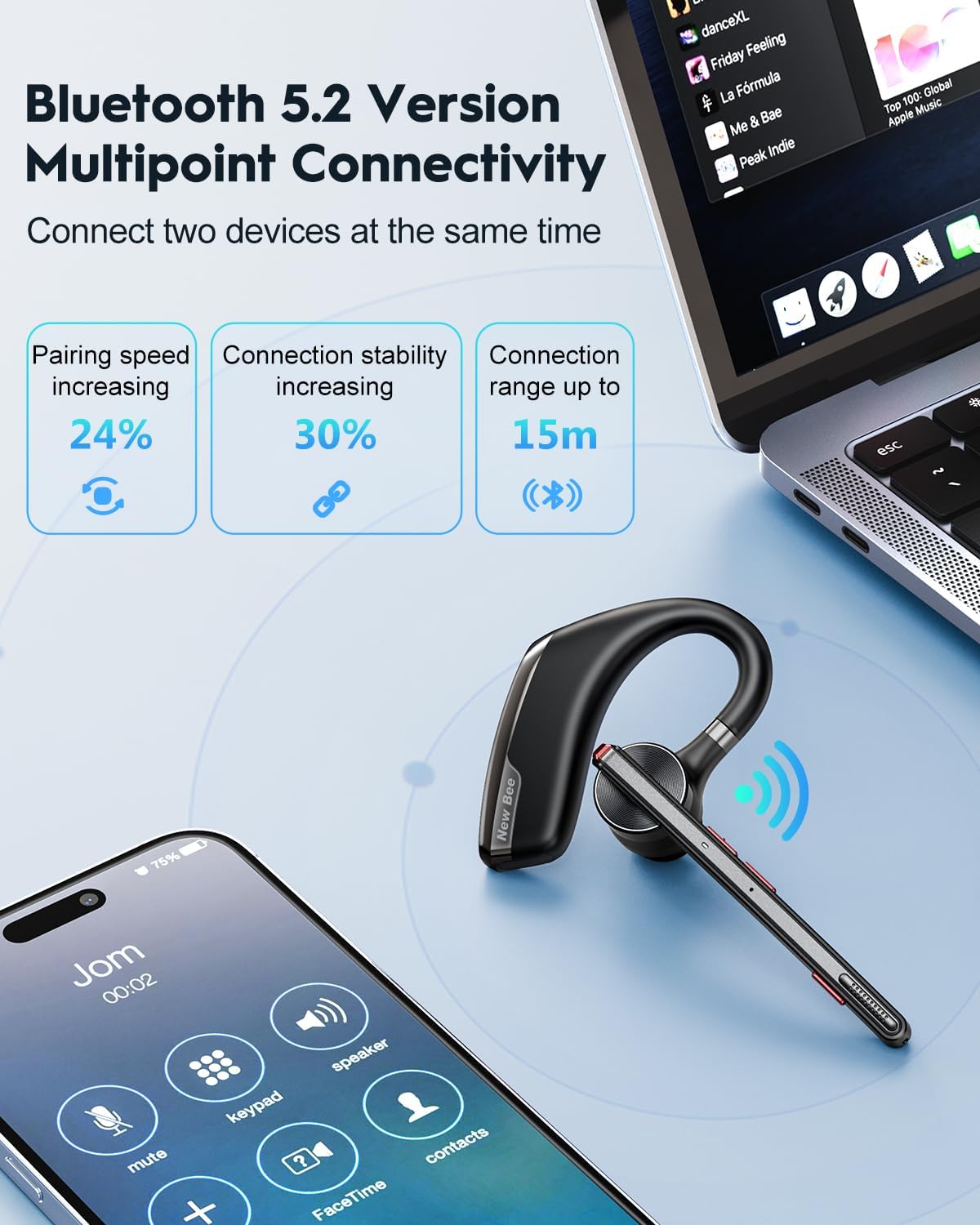 Detalle 2 de New Bee V5.2 Bluetooth-Headset 80 Std. Laufzeit
