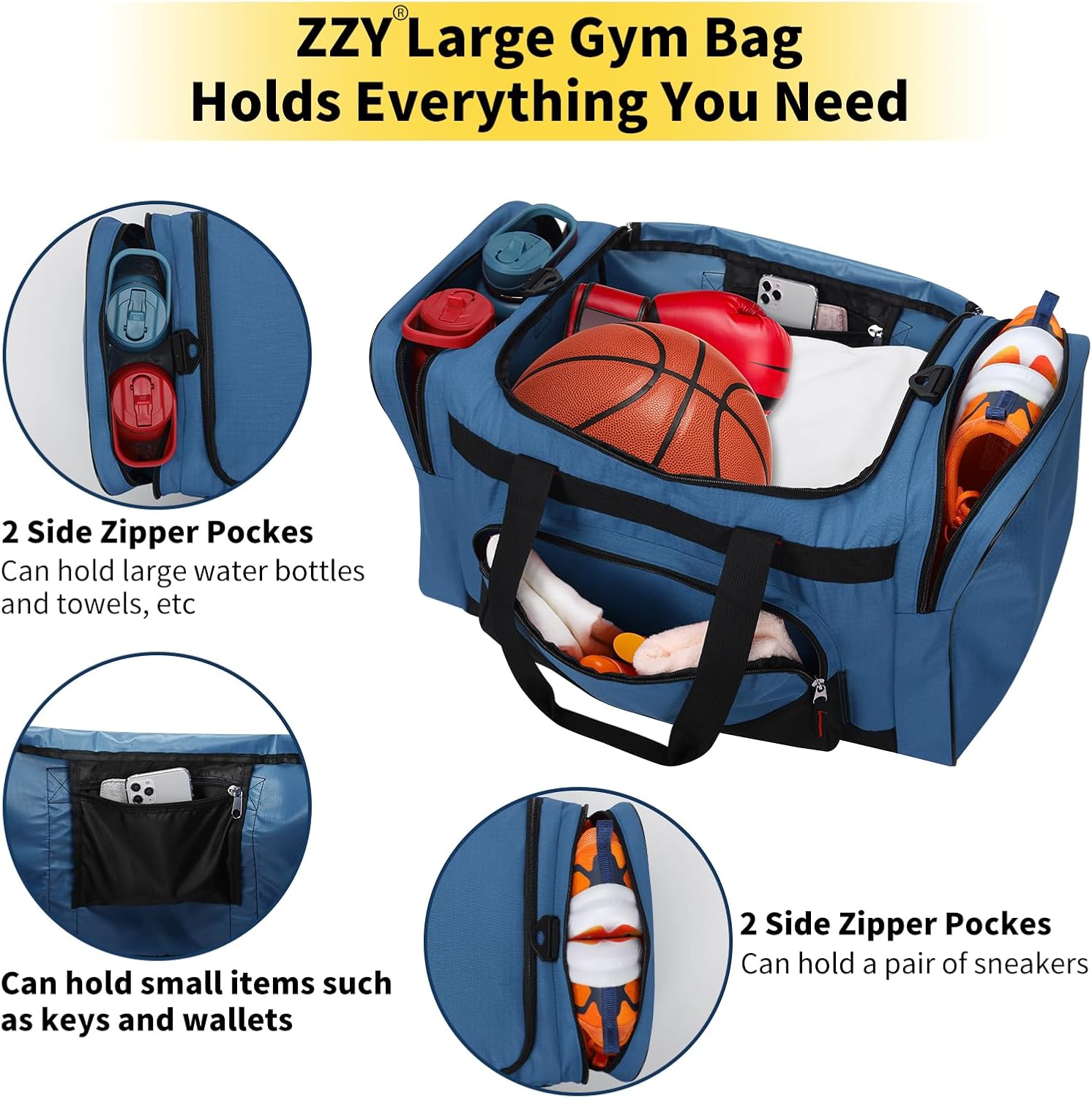 Thumbnail 2 de 55L Large Sports Holdall Bag for Men — 22 Inch Gym Duffle with Multi Pockets in Blue