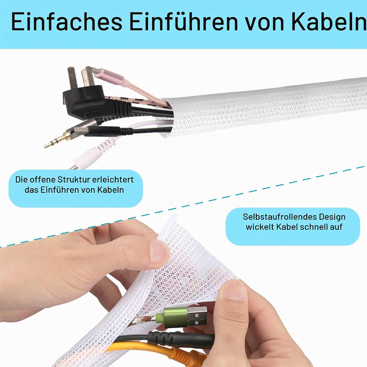 Thumbnail 2 de Josnown Selbstschließend Kabelkanal 6 m – flexibler Kabelschlauch 12–20 mm, weiß