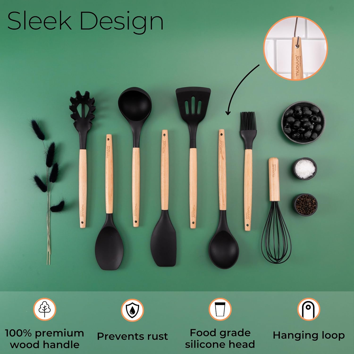 Thumbnail 6 de Nuovva 35pc non-stick silicone cooking utensils set with wooden handles (black)