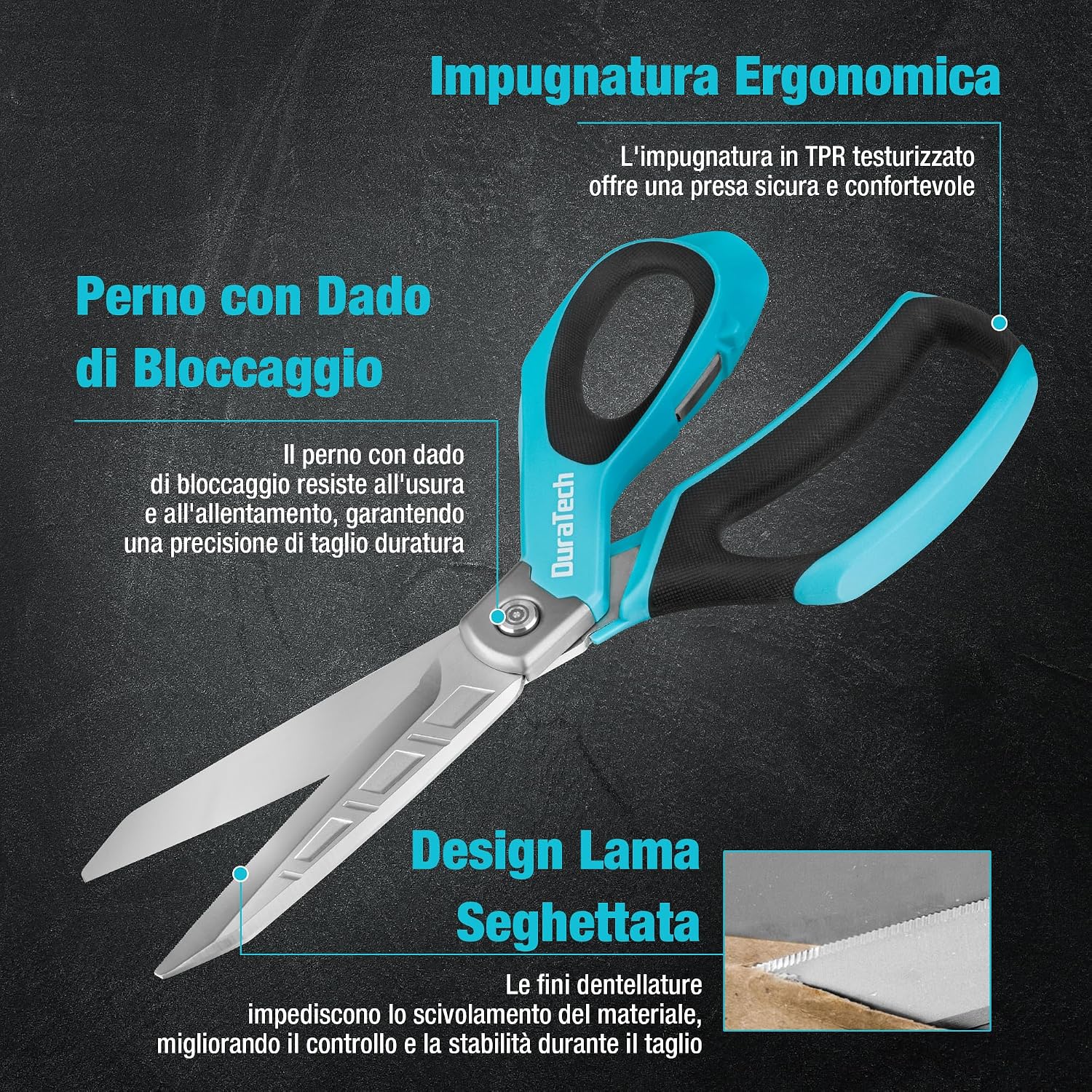 Detalle de DURATECH Forbici Multiuso Pesanti da 25,4 cm: robustezza in acciaio inox e impugnatura ergonomica