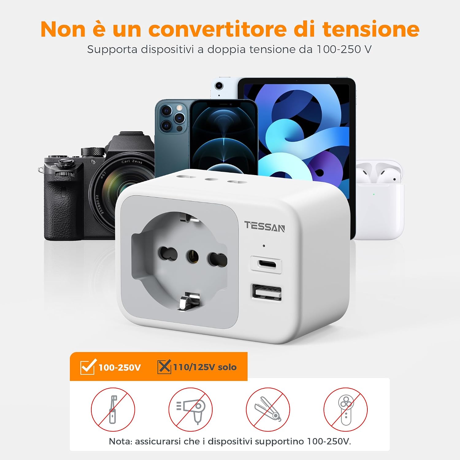 Thumbnail 6 de TESSAN Adattatore Presa Americana con USB-C: 2 prese IT, 1 Schuko, Tipo B