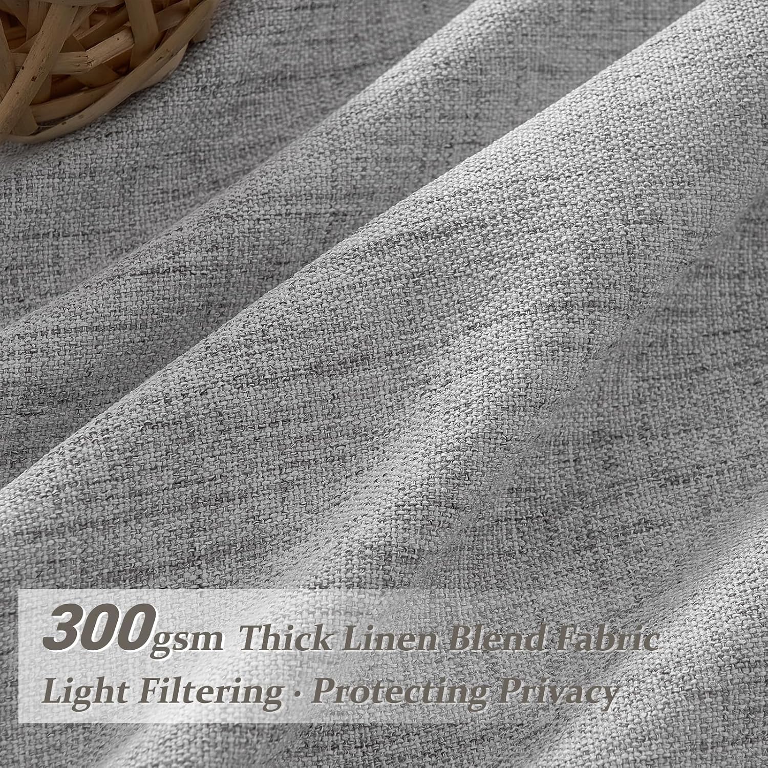 Detalle de Unique Light Grey Pinch Pleat Thick Natural Linen 86 Inch Curtain Set (2 Panels) with Memory Pleats and Back Tab