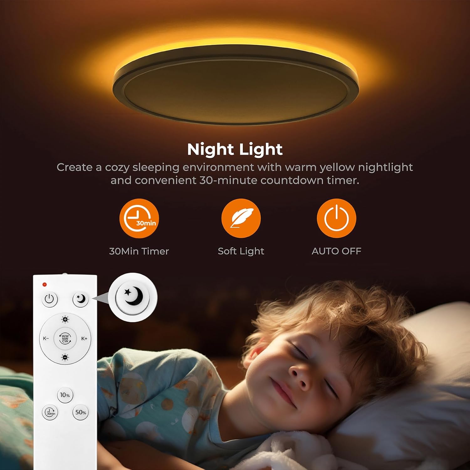 Detalle 2 de Matane LED Deckenleuchte 2er-Set mit Fernbedienung, dimmbar 18W Hauptlicht, 5W Nachtlicht, 3000–6500K, 22 cm Ø, Warmweiß bis Kaltweiß