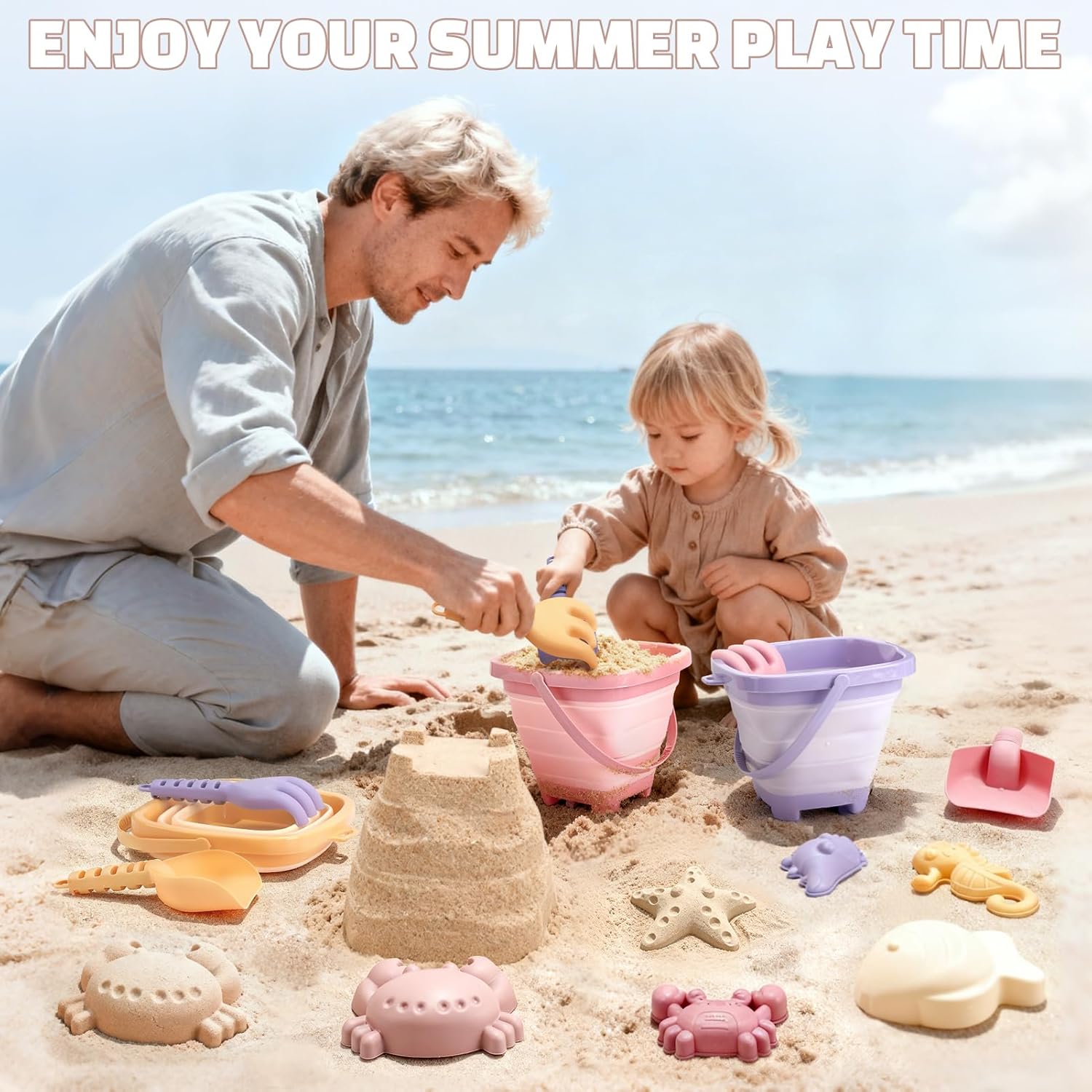 Detalle de Dreamon Sandspielzeug Strandset, 18-tlg. inkl. faltbarem Eimer – für Kinder ab 3 Jahren