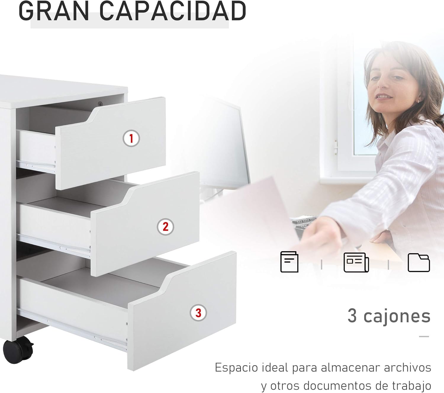 Thumbnail 3 de Caisson de bureau sur roulettes à 3 tiroirs verrouillables 40 x 50 x 57,5 cm en MDF blanc