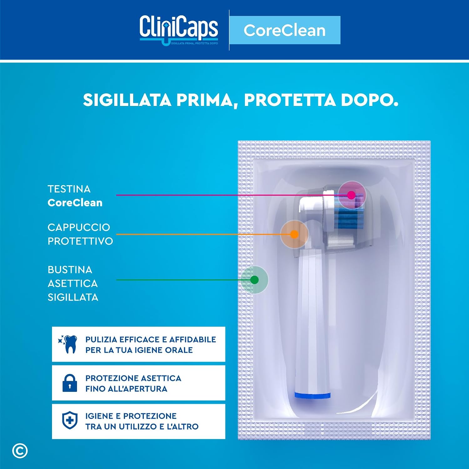 Detalle de 12 Testine Spazzolino Elettrico Ricambio CoreClean: compatibili con Oral-B, confezione igienizzata singolarmente