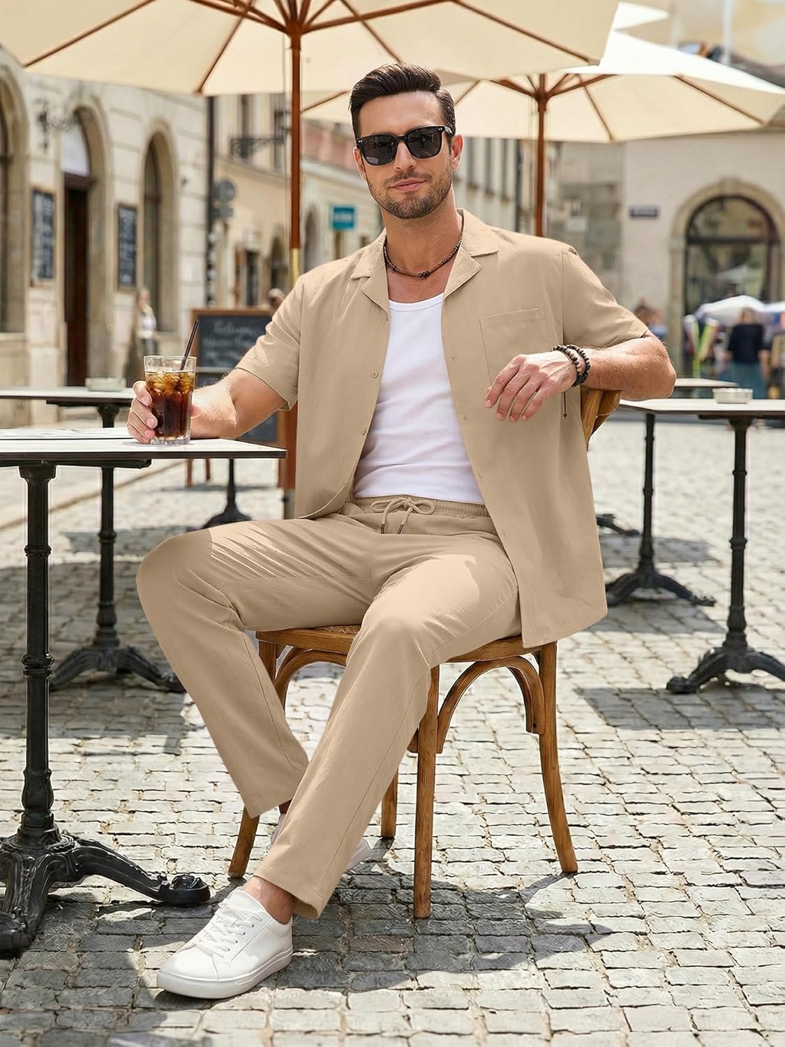 Detalle de JMIERR Men Texture 2-Piece Outfit Short Sleeve Beach Button-Down Shirt & Pant Set