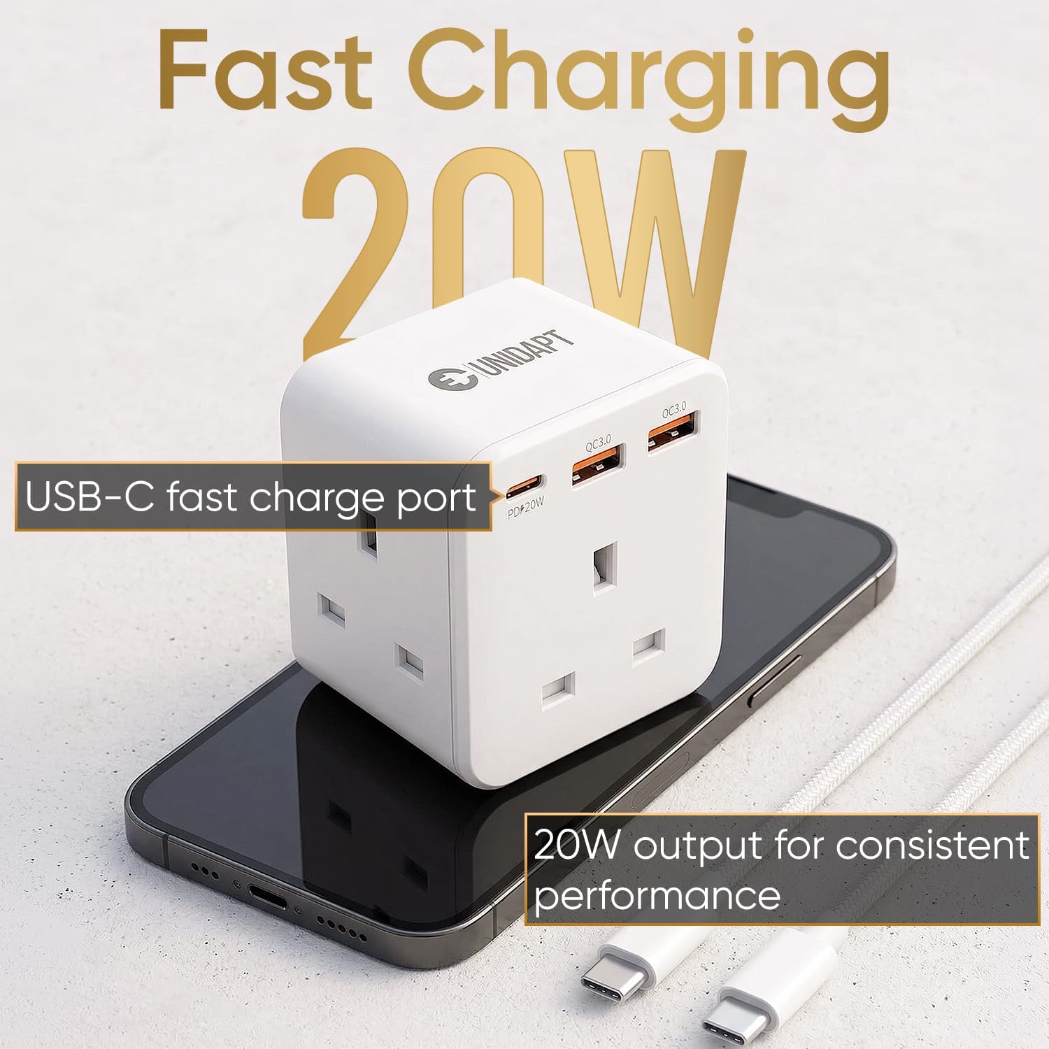 Thumbnail 2 de Unidapt 3 Way Plug Adaptor with 3 Fast Charge Ports – 6-in-1 UK Wall Power Cube