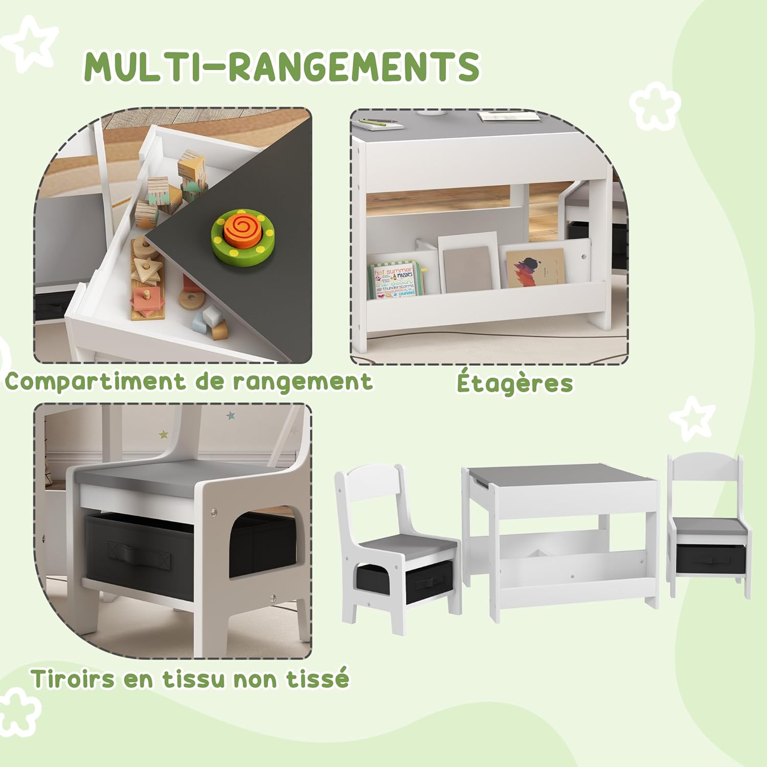 Thumbnail 4 de HOMCOM Ensemble 3 pièces table et 2 chaises enfant avec plateau réversible et rangements