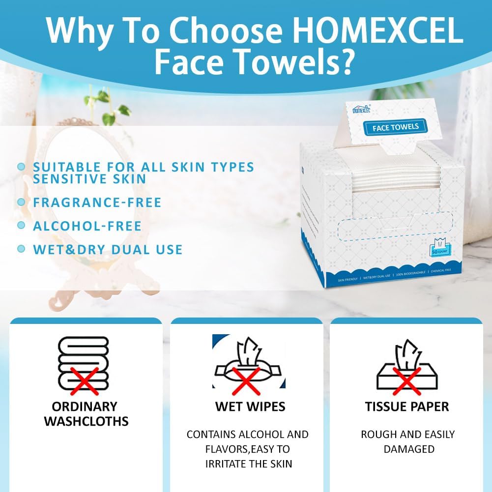 Thumbnail 5 de HOMEXCEL Face Towels (2 Boxes, 100 Count) – Biodegradable Disposable Towelettes for Makeup Removal and Gentle Face Cleansing