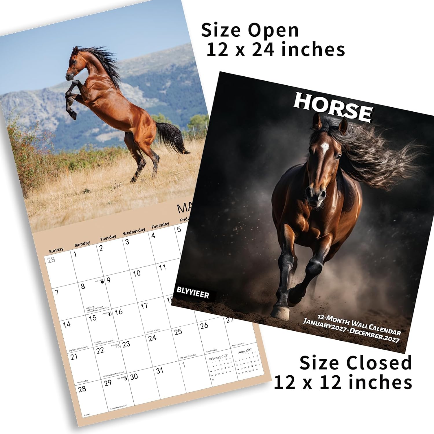 Detalle de BLYYIEER Horse 2027 Wall Calendar, 12" x 24" Open with Monthly Views
