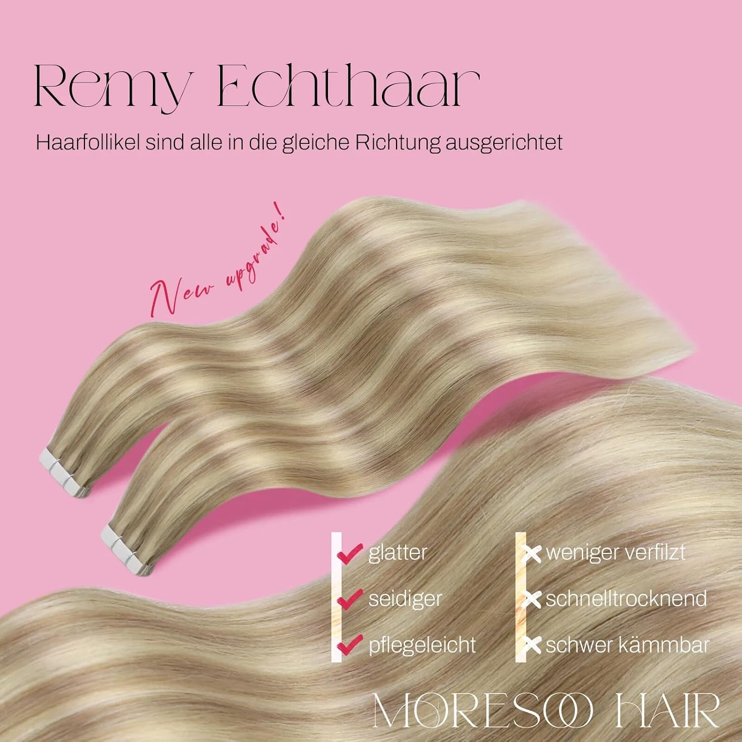 Detalle 2 de Moresoo Tape Extensions Echthaar Blond – 50 cm, 20 Stück/50 g