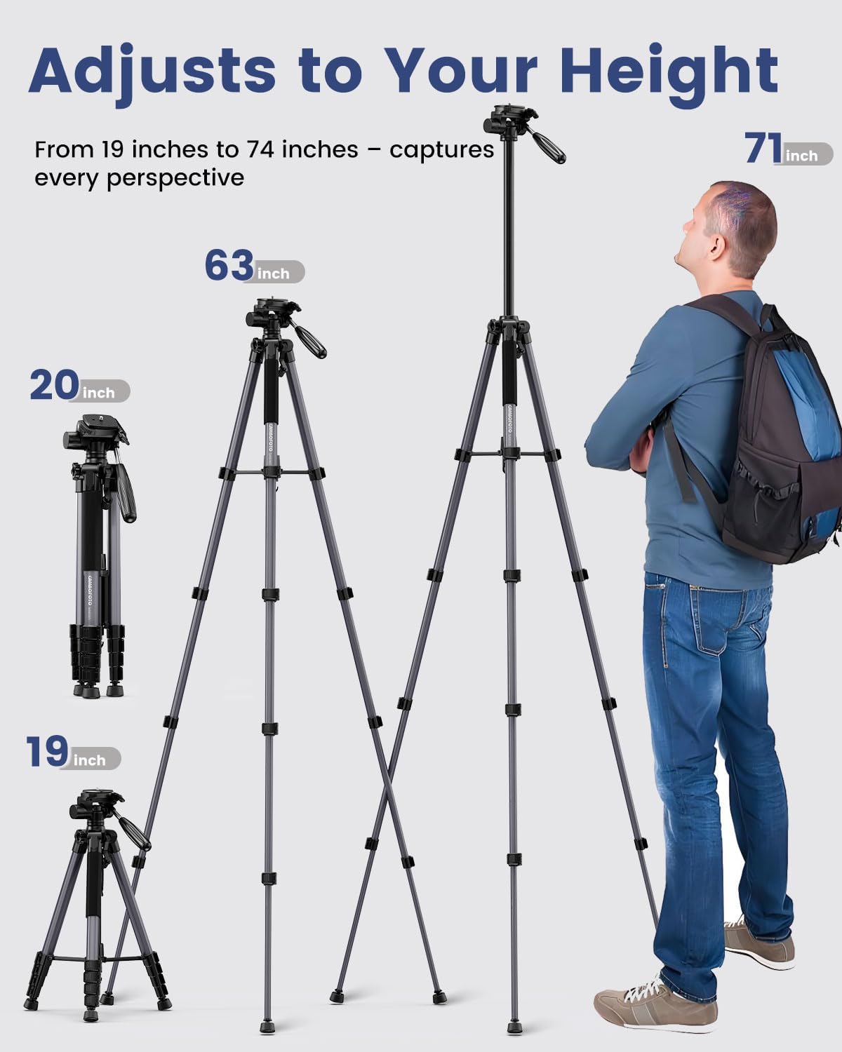 Detalle de CAMBOFOTO 74″ Aluminum Camera Tripod with 360° Pan Head & Phone Mount