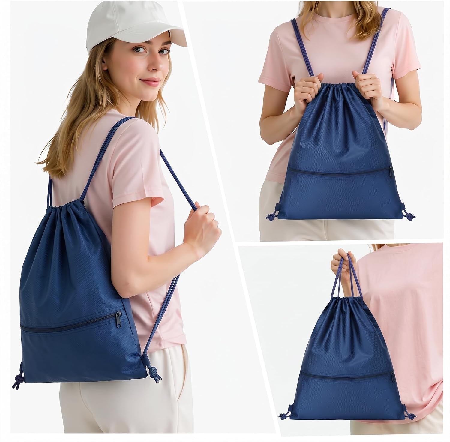 Thumbnail 5 de Arae Large Drawstring Backpack Bag with Front Pocket – Waterproof Oxford, Dark Blue