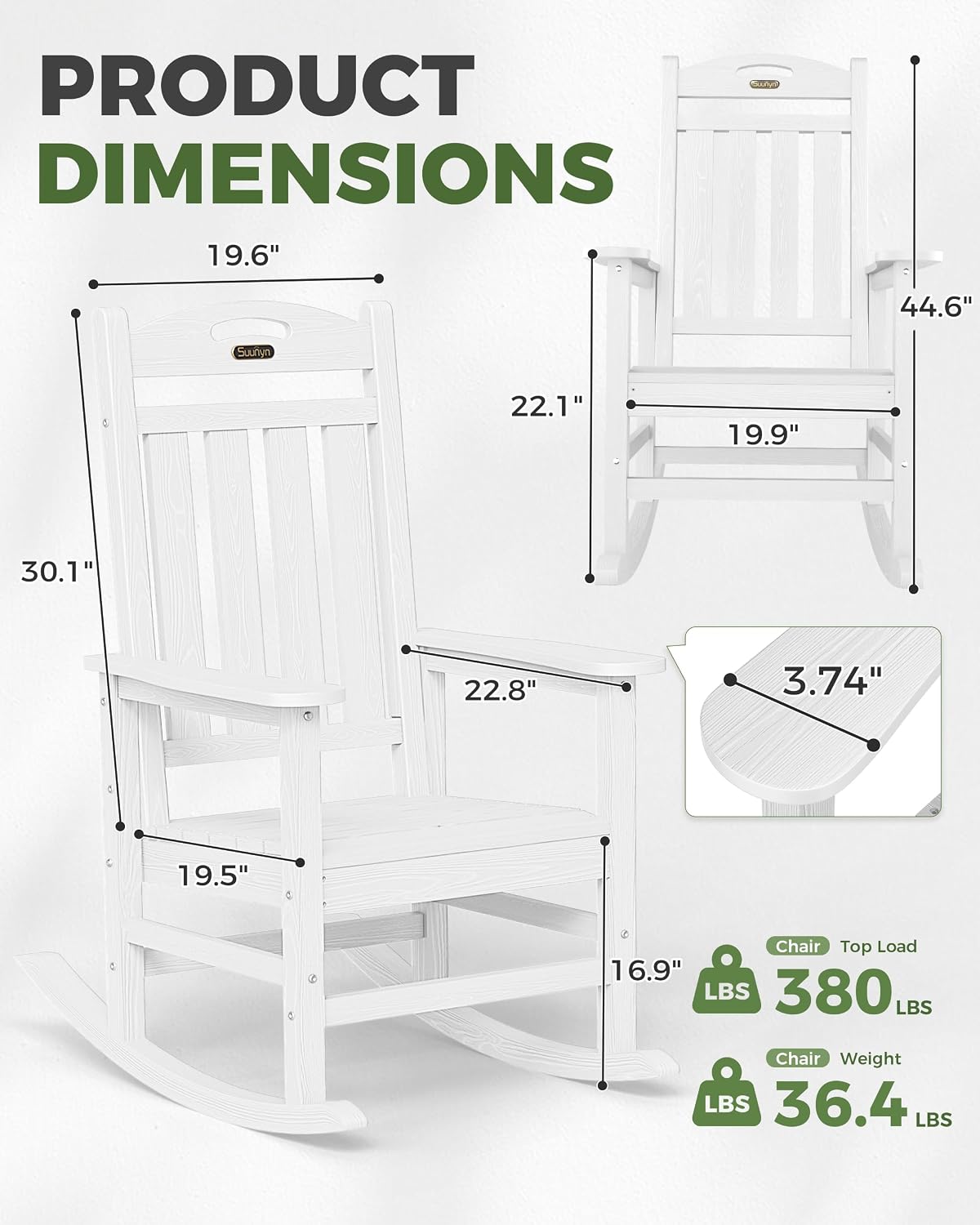 Detalle de SUUNYN SU-Rocking-0802 Outdoor Rocking Chair, White HDPE, High Back