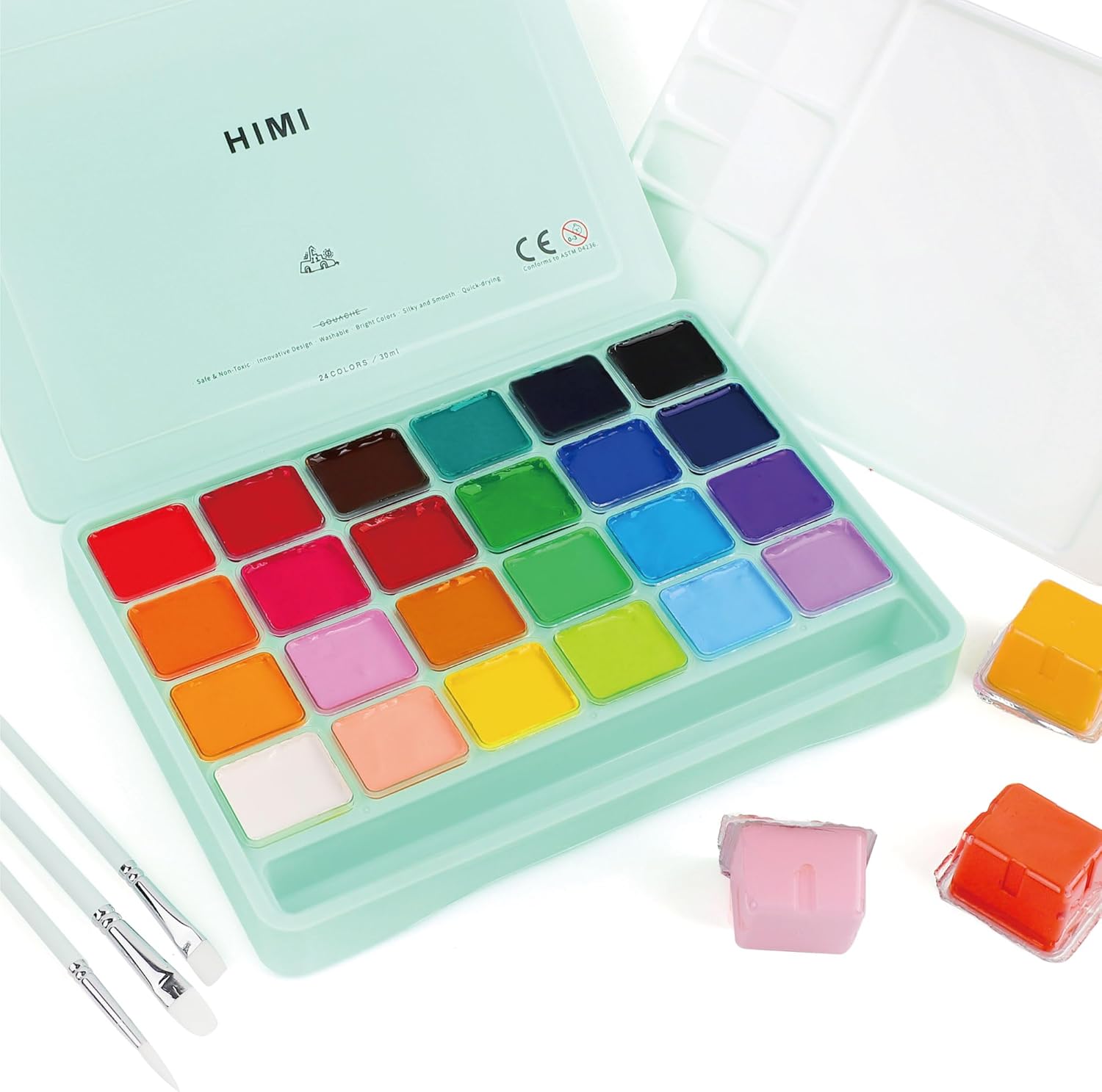 HIMI Kit Gouache 24 Couleurs 30 ml, Étui Portable avec Pinceaux Non Toxiques — Idéal Étudiant et Débutant