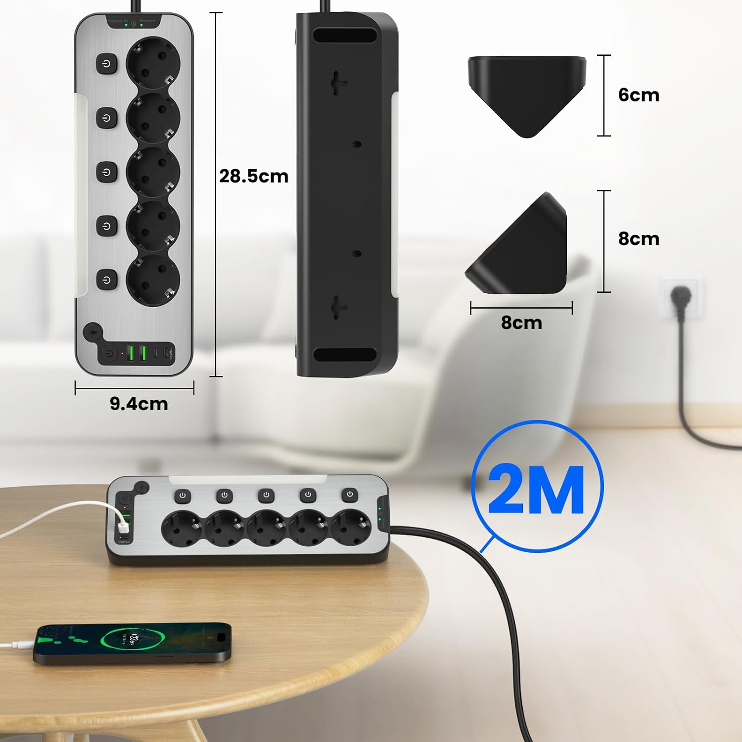 Thumbnail 4 de AONOKA 5-voudige hoekstekkerdoos met USB-C, schakelaars en 2 m kabel