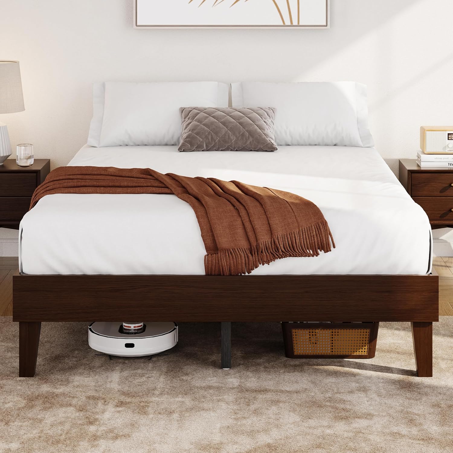Thumbnail 2 de Yaheetech YT-00145039-001 Queen Bed Frame, Dark Walnut Wood Slats