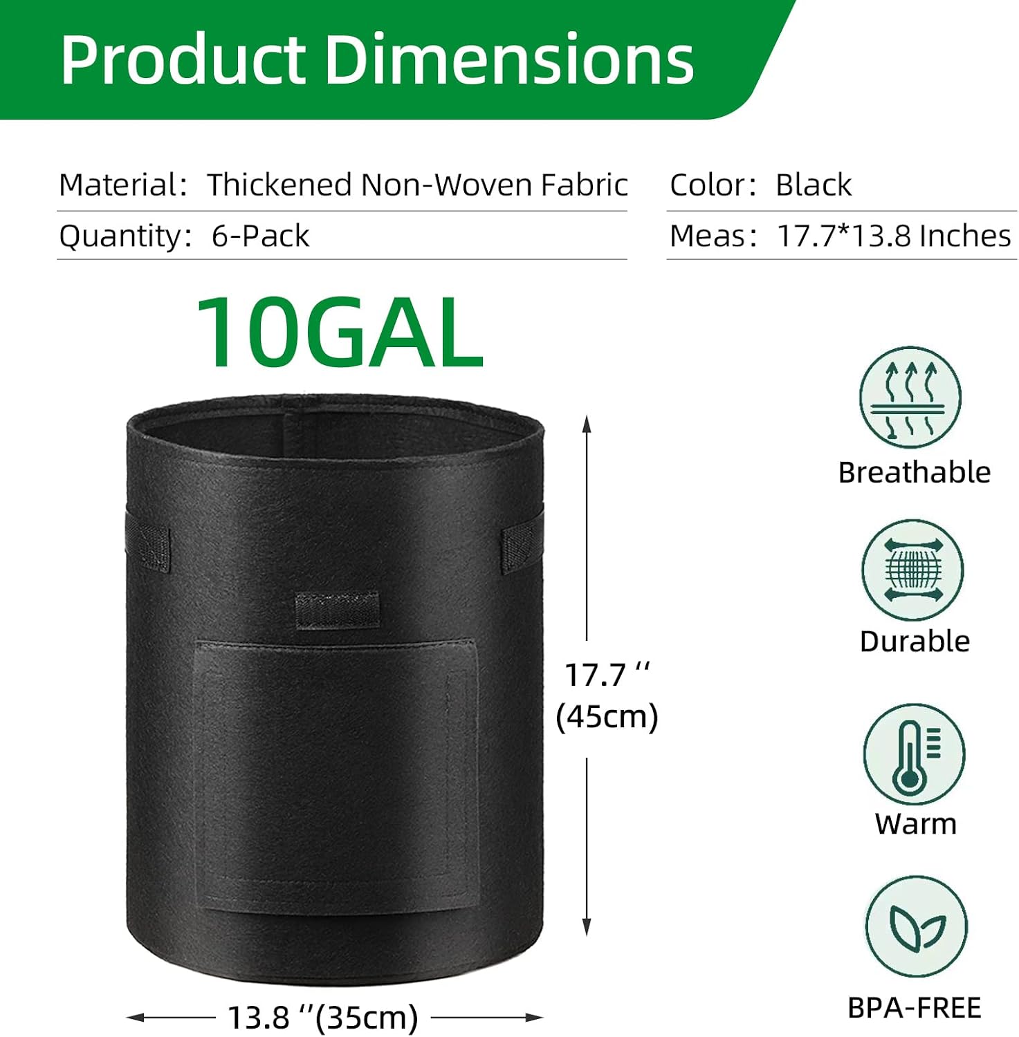 Detalle 2 de BIJOKETTEN 10-Gallon Grow Bags, 6-Pack with Flap and Handles