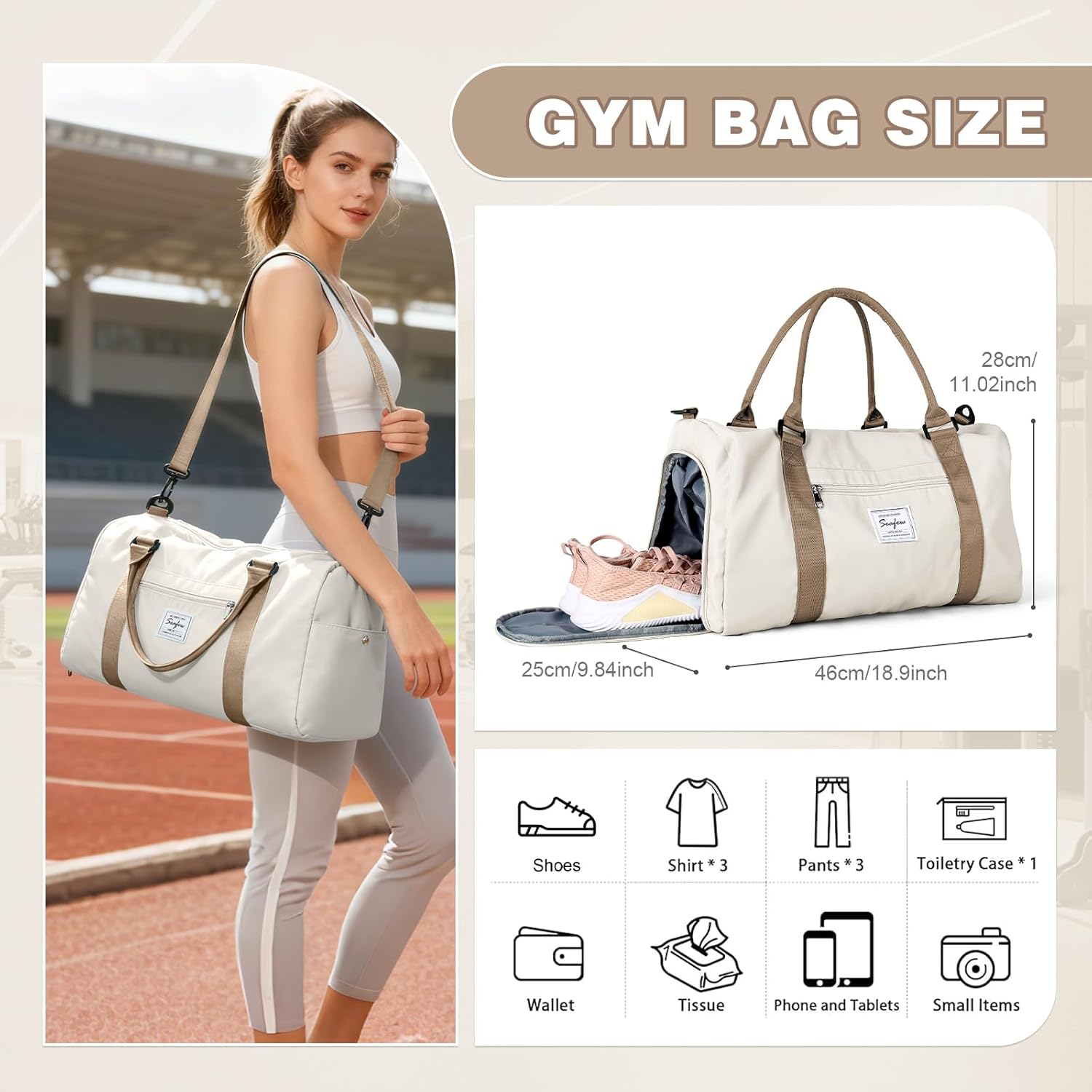 Thumbnail 2 de WEPLAN waterproof sports gym bag with separate shoe compartment (beige brown)