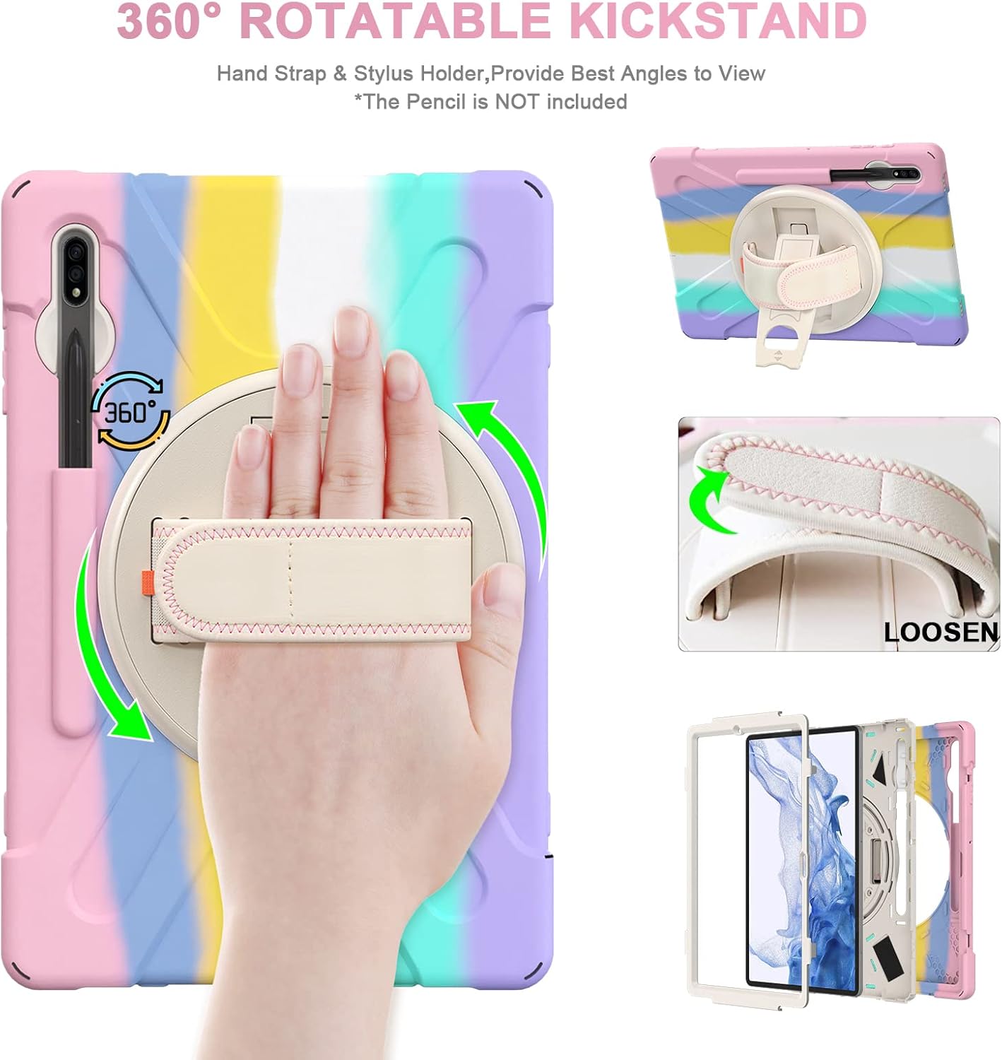 Thumbnail 5 de Gerutek Hülle für Samsung Galaxy Tab S10+/S9+/S9 FE+/S8+/S7 FE/S7+ 12,4 Zoll – Stoßfest, Drehschutz mit Stifthalter und Schultergurt in Rosa