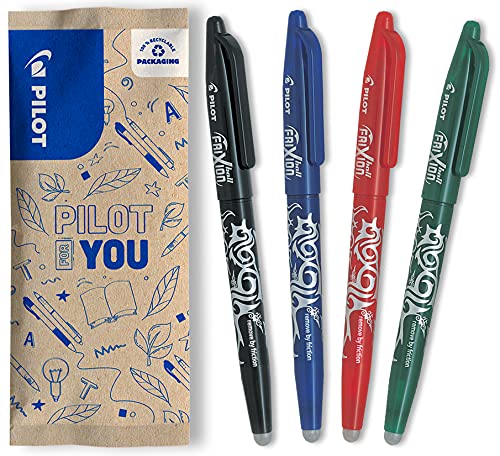 PILOT Lot de 4 Frixion Ball — Stylo effaçable à encre thermosensible, pointe moyenne 0,7 mm (bleu, noir, rouge, vert)