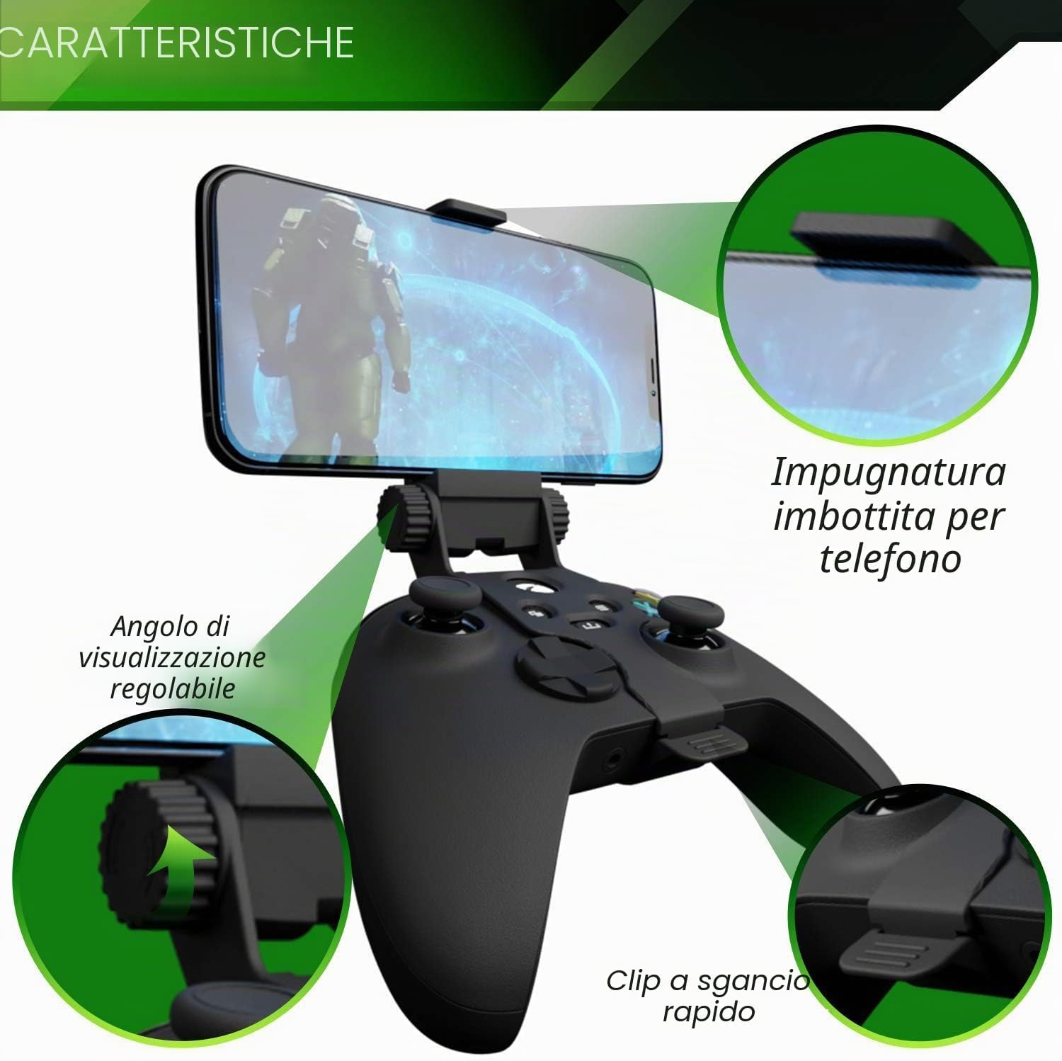Detalle de Clip da gioco mobile per controller Xbox Series X|S: supporto regolabile per smartphone (Carbon Black)