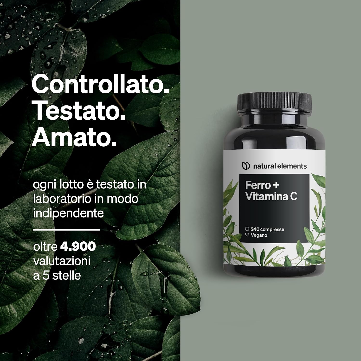Thumbnail 3 de natural elements Integratore Ferro con 40mg Vitamina C (da bisglicinato ferroso) – 240 compresse vegane