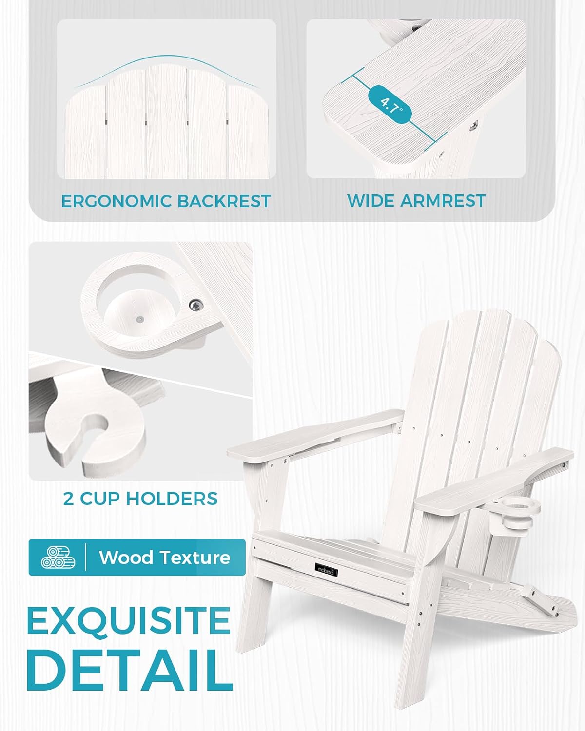 Detalle 1 de Eesdom Folding Adirondack Chair, White Wood-Grain Finish, 2 Cup Holders
