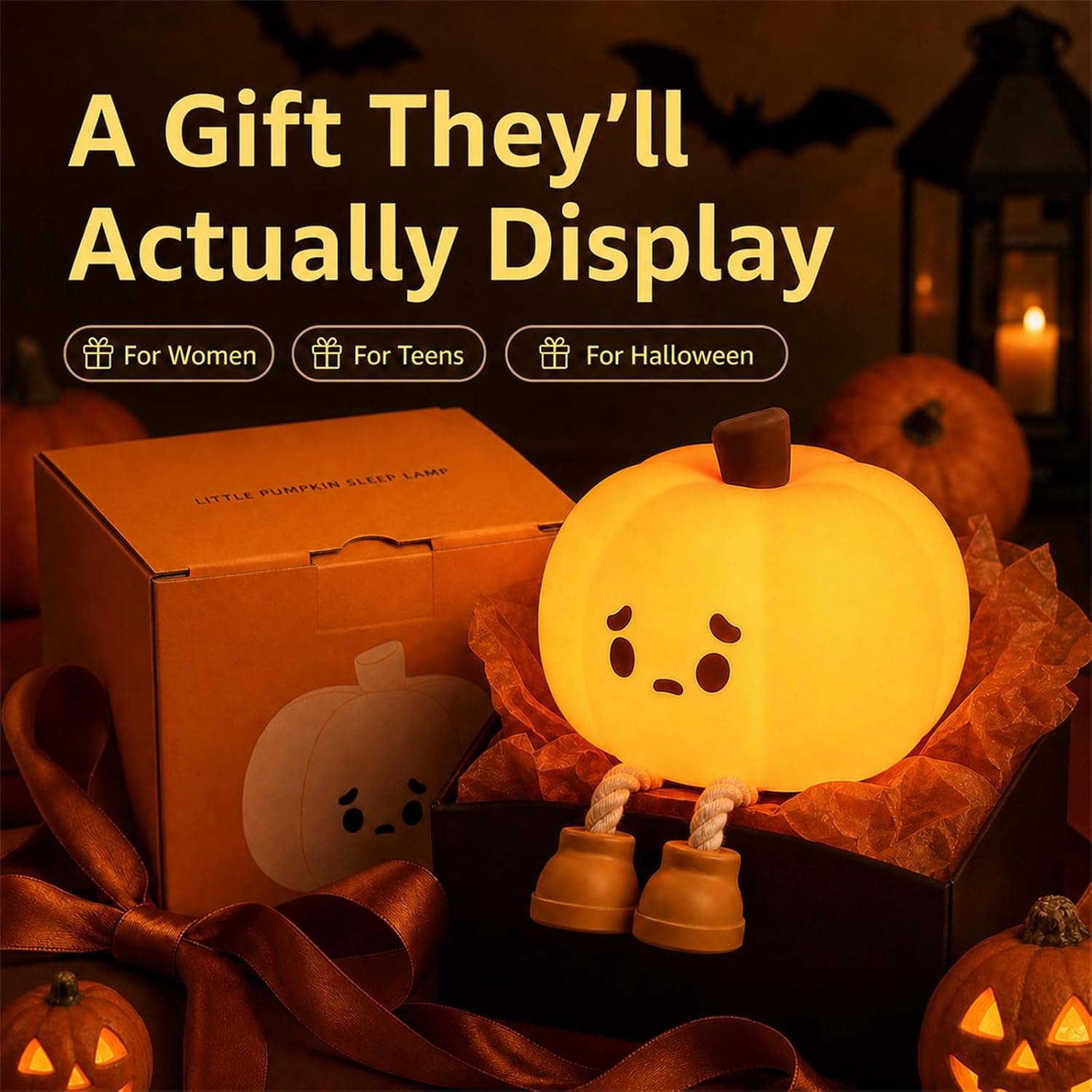 Detalle 2 de MUID Halloween Pumpkin Night Light, Rechargeable Silicone Touch Lamp