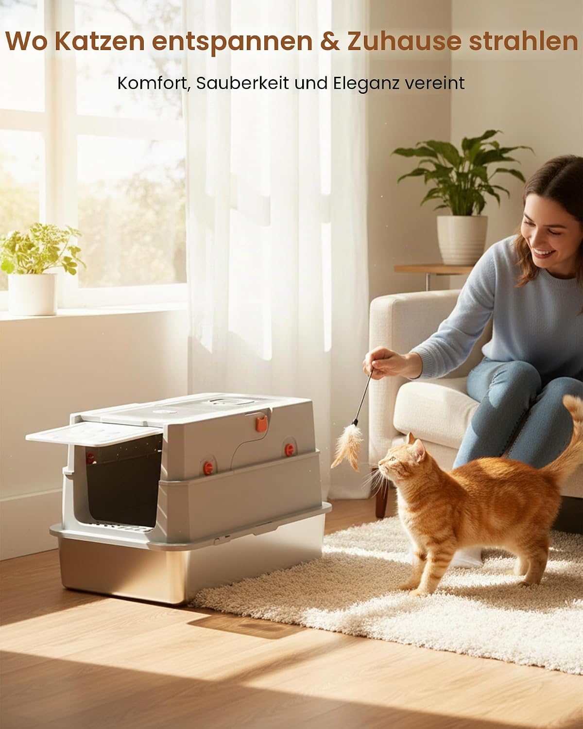 Detalle de Katzenklo Edelstahl mit Deckel XXL – robustes, geschlossenes Katzentoilette mit Schaufel und Hohem Rand