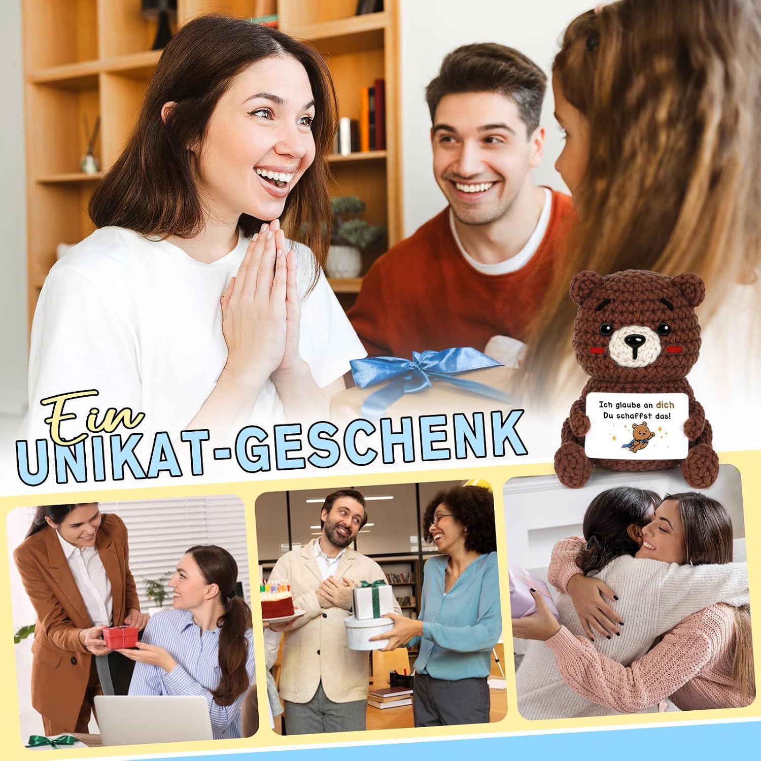 Thumbnail 2 de CheriGift Glücksbringer Prüfung – Handgehäkelter Bär als Mutmacher, Geschenk für Mann, Frau, Freundin oder Kollegin