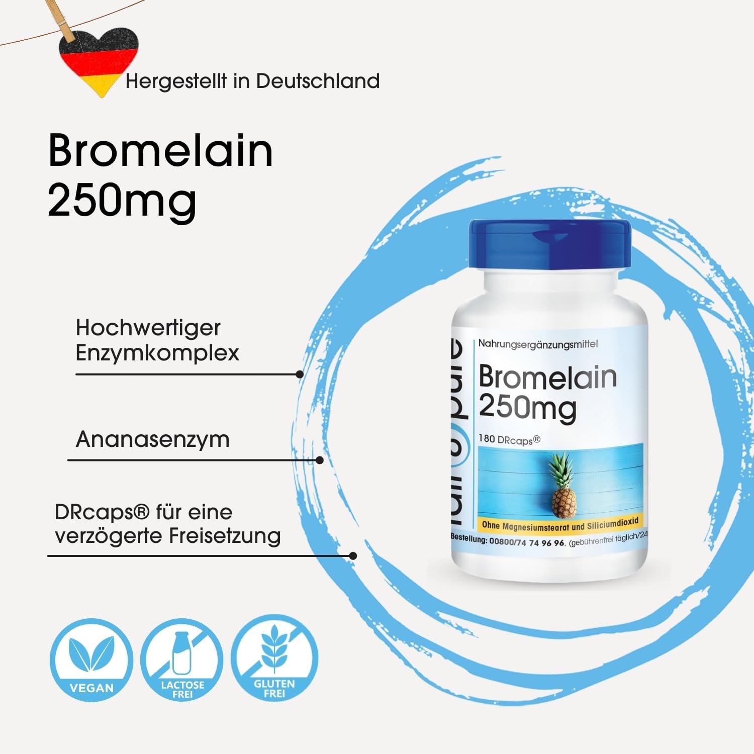 Detalle de Fair & Pure Bromelain 250 mg - 180 DRcaps, verzögerte Freisetzung, L-Leucin, ohne Magnesiumstearat
