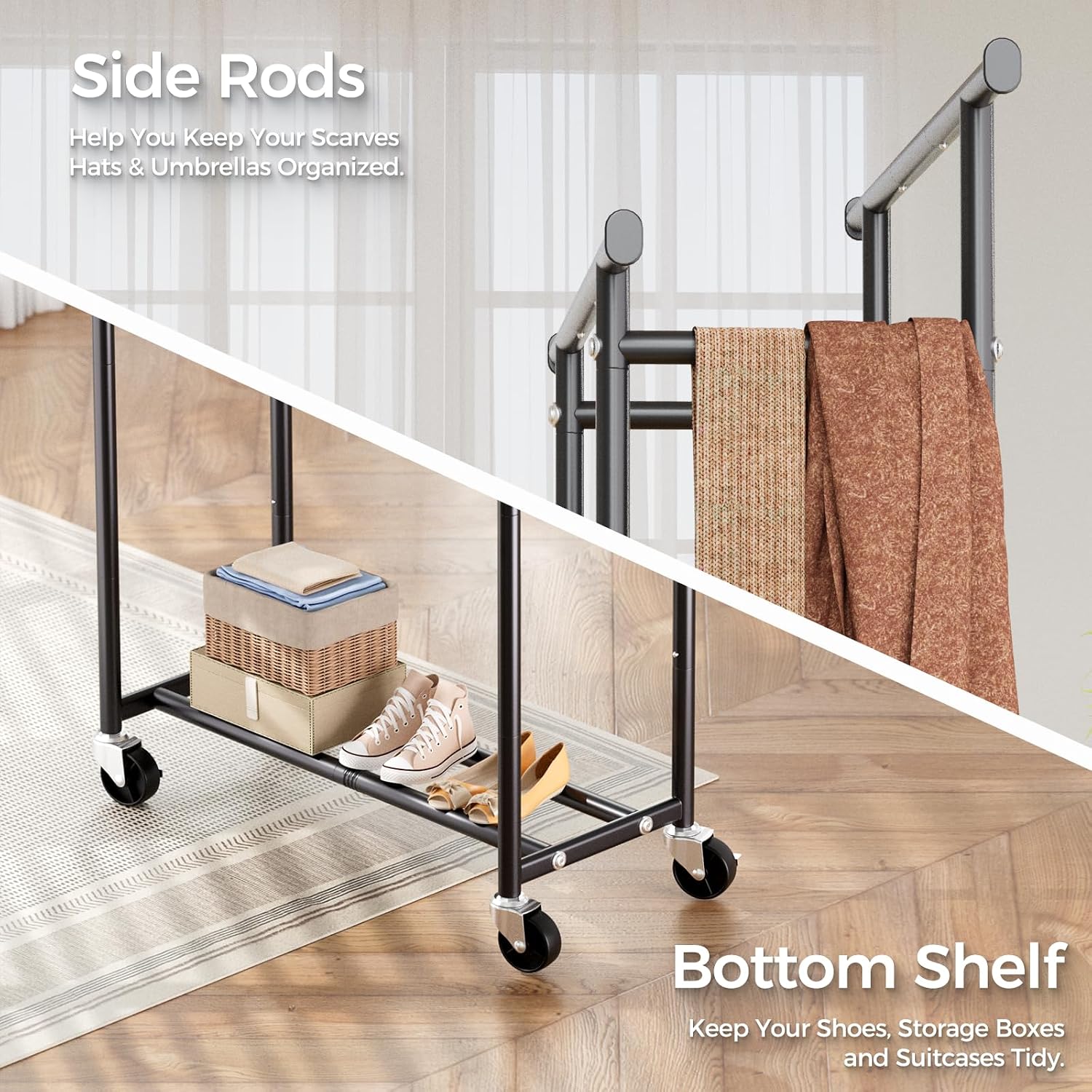 Detalle de HYSEYY HY-1324-Clothes Rack Double-Rod Rolling Garment Rack, Carbon Steel