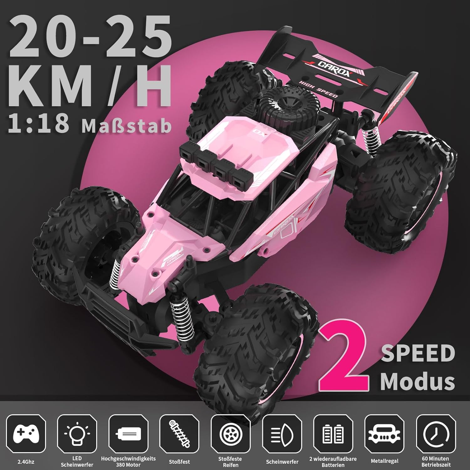 Detalle de Carox ferngesteuertes Auto für Mädchen ab 6 – Pinkes Geländewagen-RC mit 2 Akkus, 25 km/h, 2.4 GHz