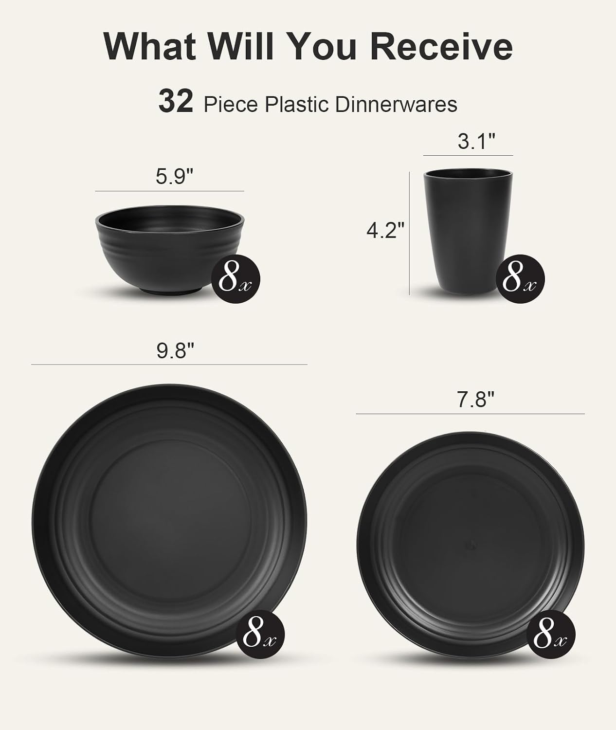 Detalle de Quatish 32-Piece Unbreakable Dinnerware Set for 8: Lightweight, Shatterproof Plates, Bowls & Cups for Camping & Everyday Use