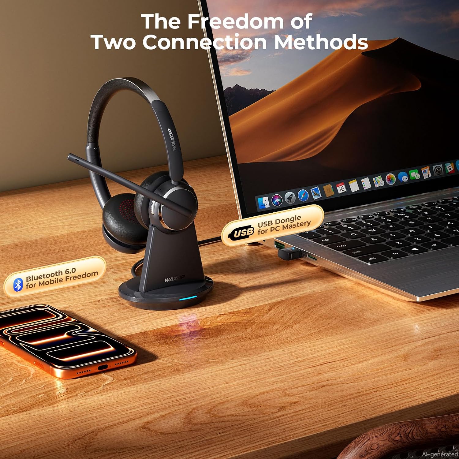 Detalle de Waxop Wireless Headset with Mic for Work — Bluetooth 6.0, 65H, 60ft Range, USB Dongle & Dock