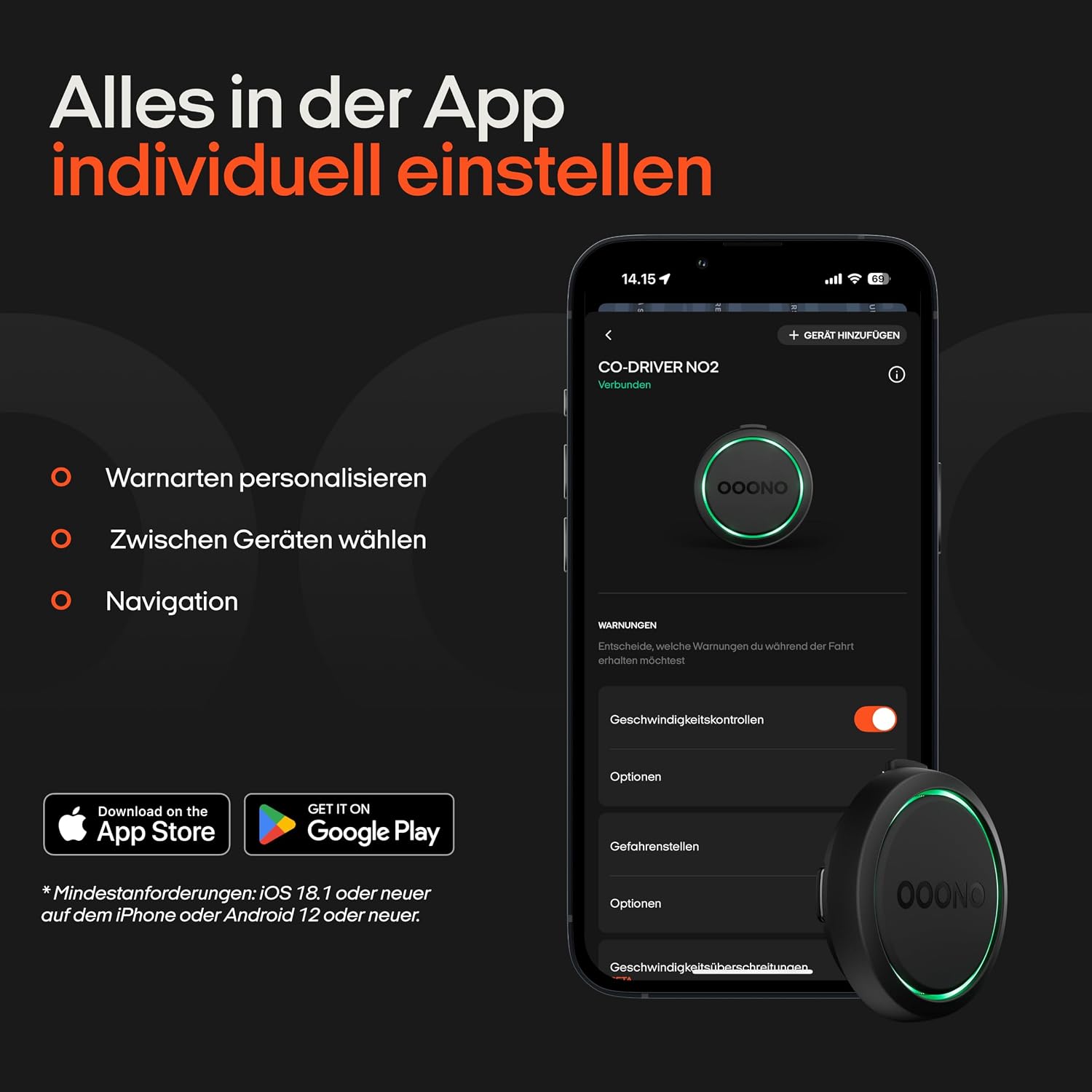 Detalle de OOONO Co-Driver NO2 Schwarz – Optimierter Co-Driver fürs Auto