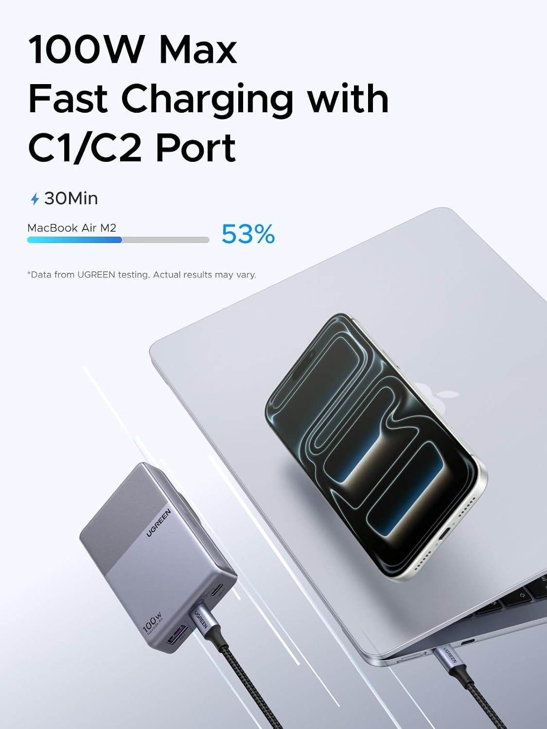 Detalle 2 de UGREEN Nexode Air 75556 100W GaN Charger, Slim Foldable 3-Port USB-C