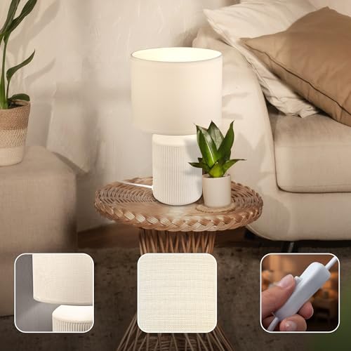 Detalle de BRILONER Tischlampe mit Stoffschirm und Keramikfuß – 22 x 37,5 cm, Weiß