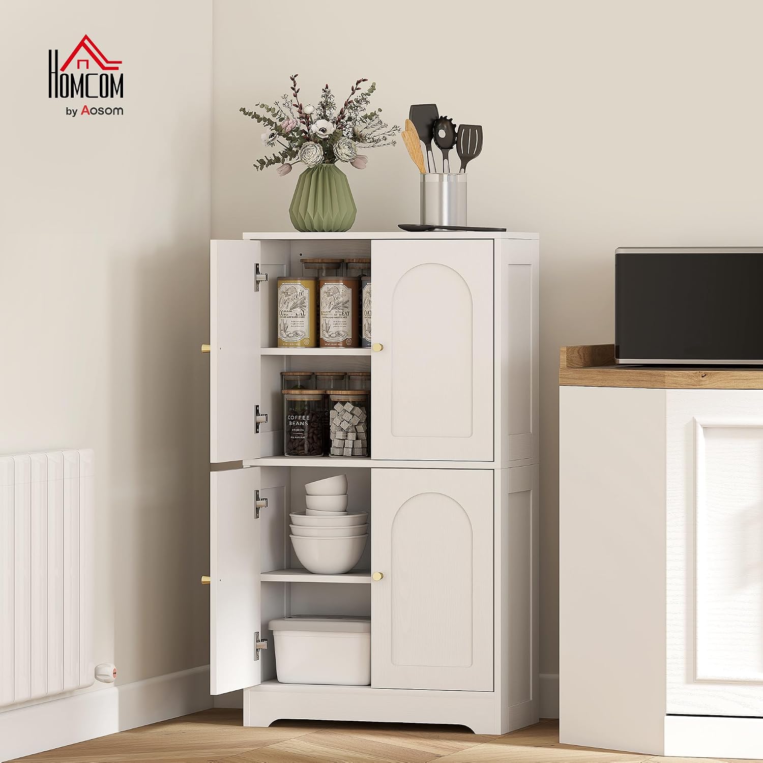 Detalle de HOMCOM Buffet cuisine moderne avec 4 portes cintrées et étagères réglables, blanc 60 x 30 x 110 cm