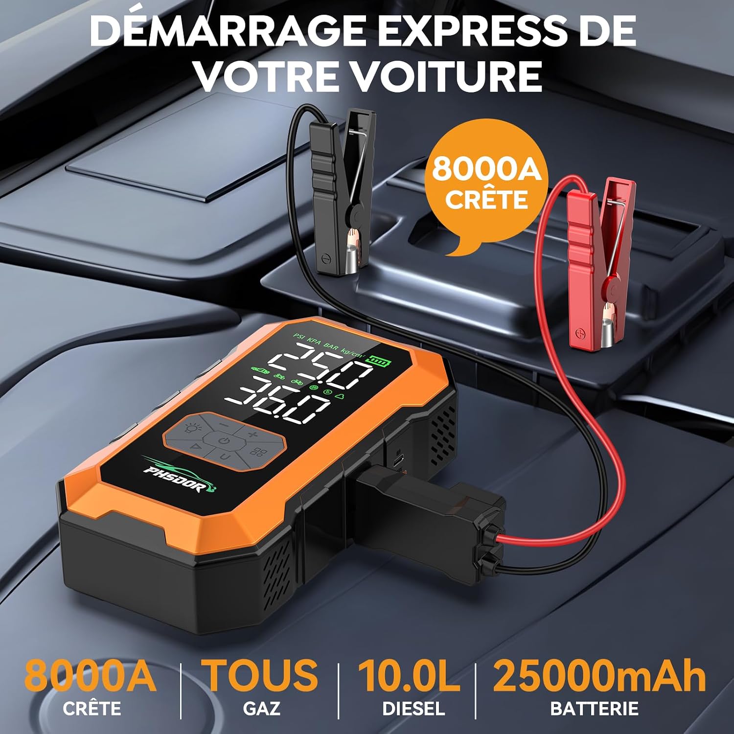 Detalle 2 de Booster batterie voiture 8000A avec gonfleur 150 PSI, 25000 mAh et lampe LED 3 modes