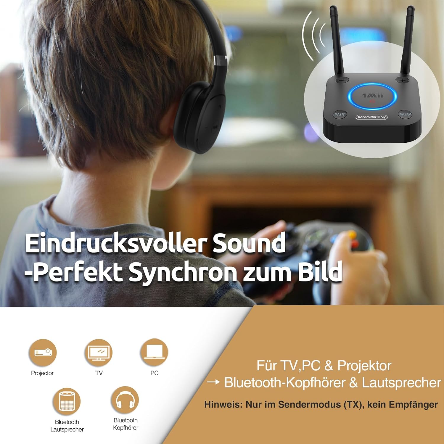 Detalle 2 de 1Mii B06TX Bluetooth 5.3 Transmitter für TV – aptX HD & Low Latency, Dual-Link, Großer Reichweite