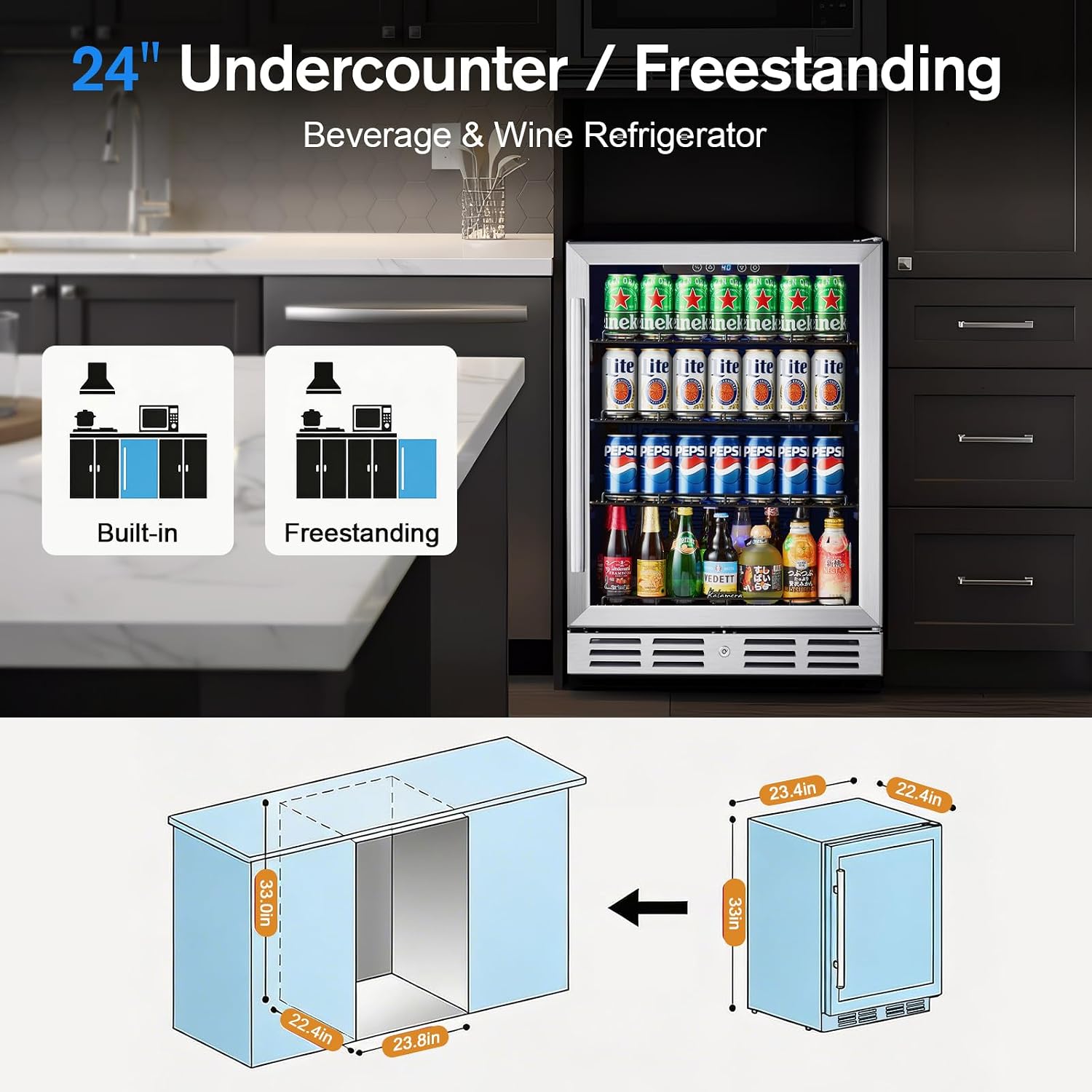 Detalle de Kalamera KRC-24SZB-A1 24-Inch Beverage Refrigerator, 164 Cans, Glass Door
